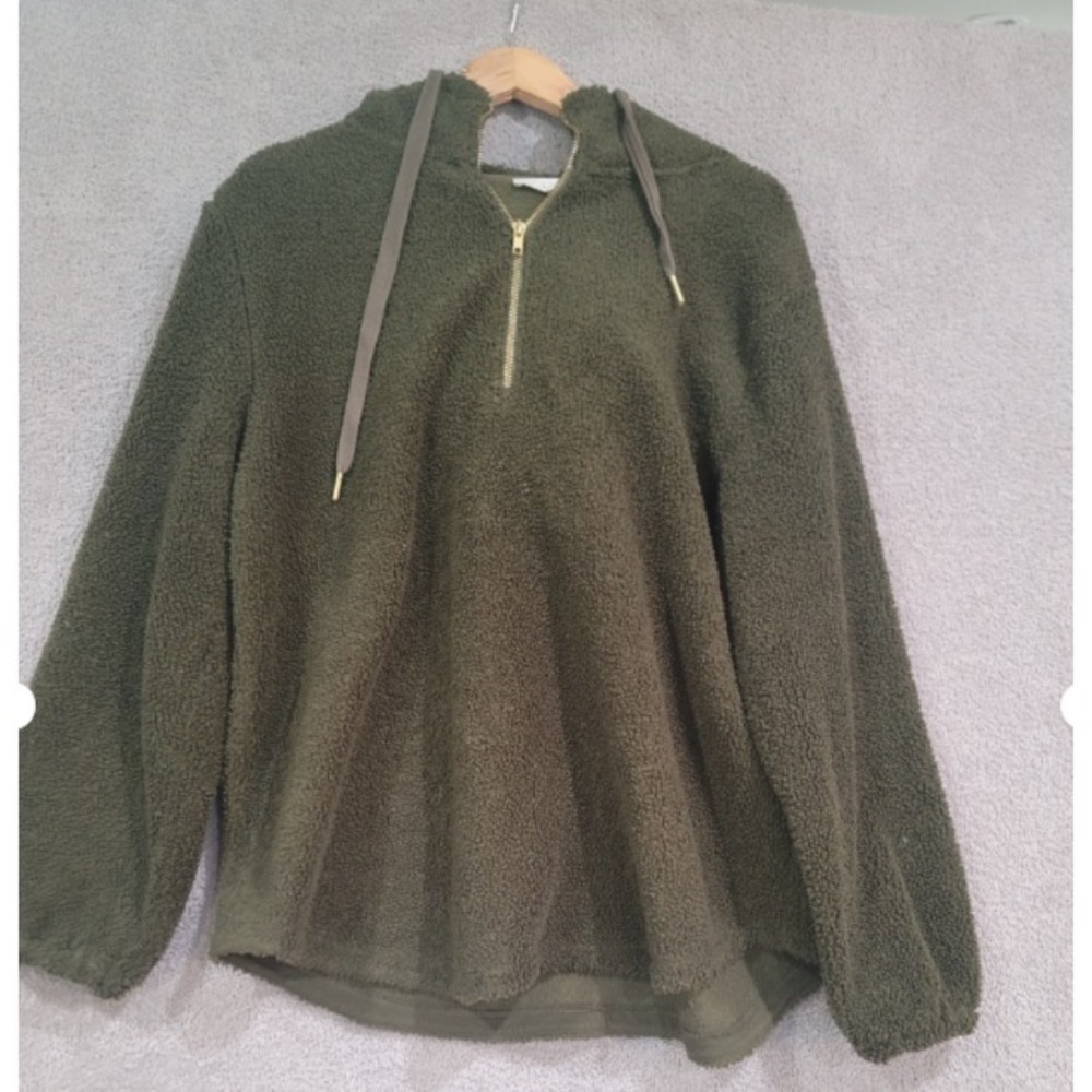 LOFT Women's XL Sherpa Fleece Hoodie Half Zip Olive Green Cozy Plush Pullover Ho